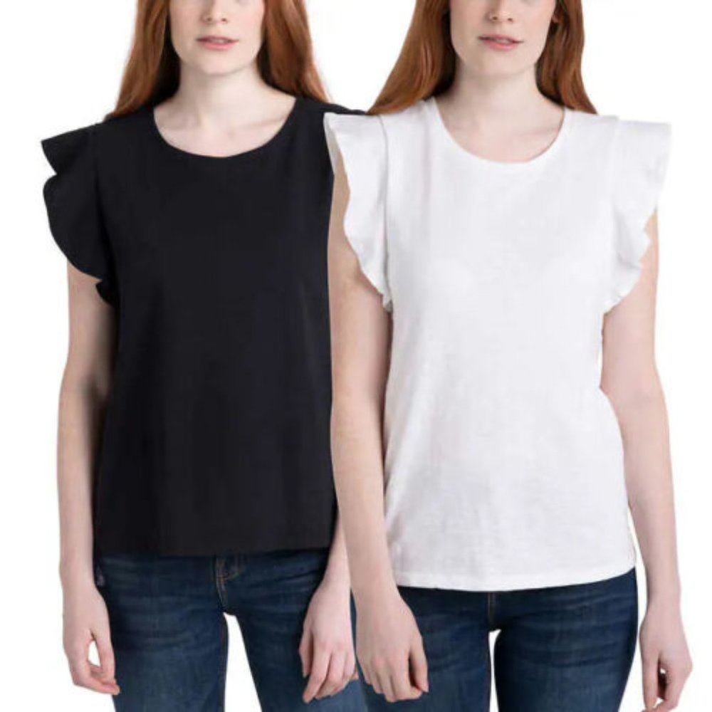 NWT Ecothreads Ladies' Flutter Sleeve Top, 2-pack, Black/White, XX-Large